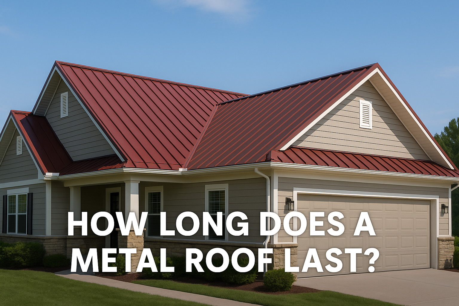 Beautiful home with long-lasting metal roof under clear sky